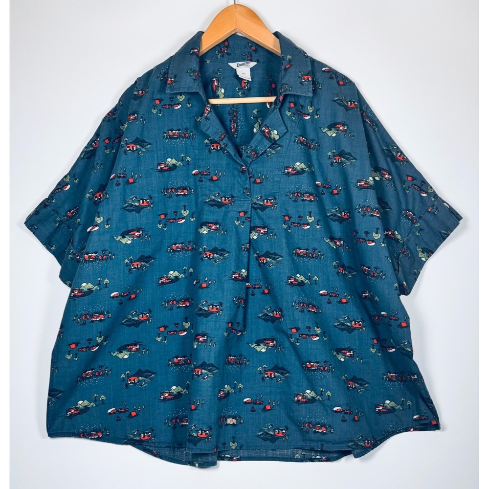 Duluth Trading Blouse Womens 2X Blue Camping Print Organic Cotton Short Sleeve